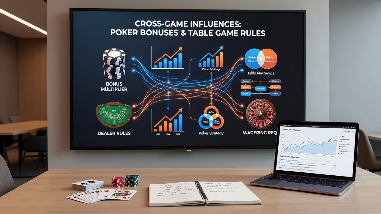 Close-up view of casino table games with poker bonus terms displayed on digital screens above blackjack and baccarat tables