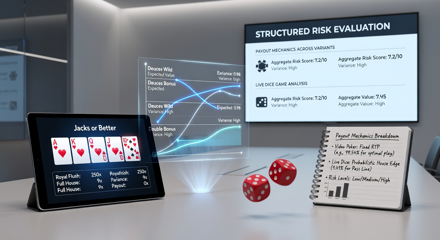 Detailed view of video poker payout tables showing Jacks or Better and Deuces Wild variants with risk metrics overlaid