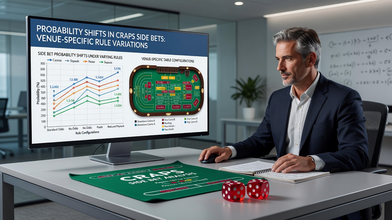 Close-up view of craps dice and betting layout used in probability analysis