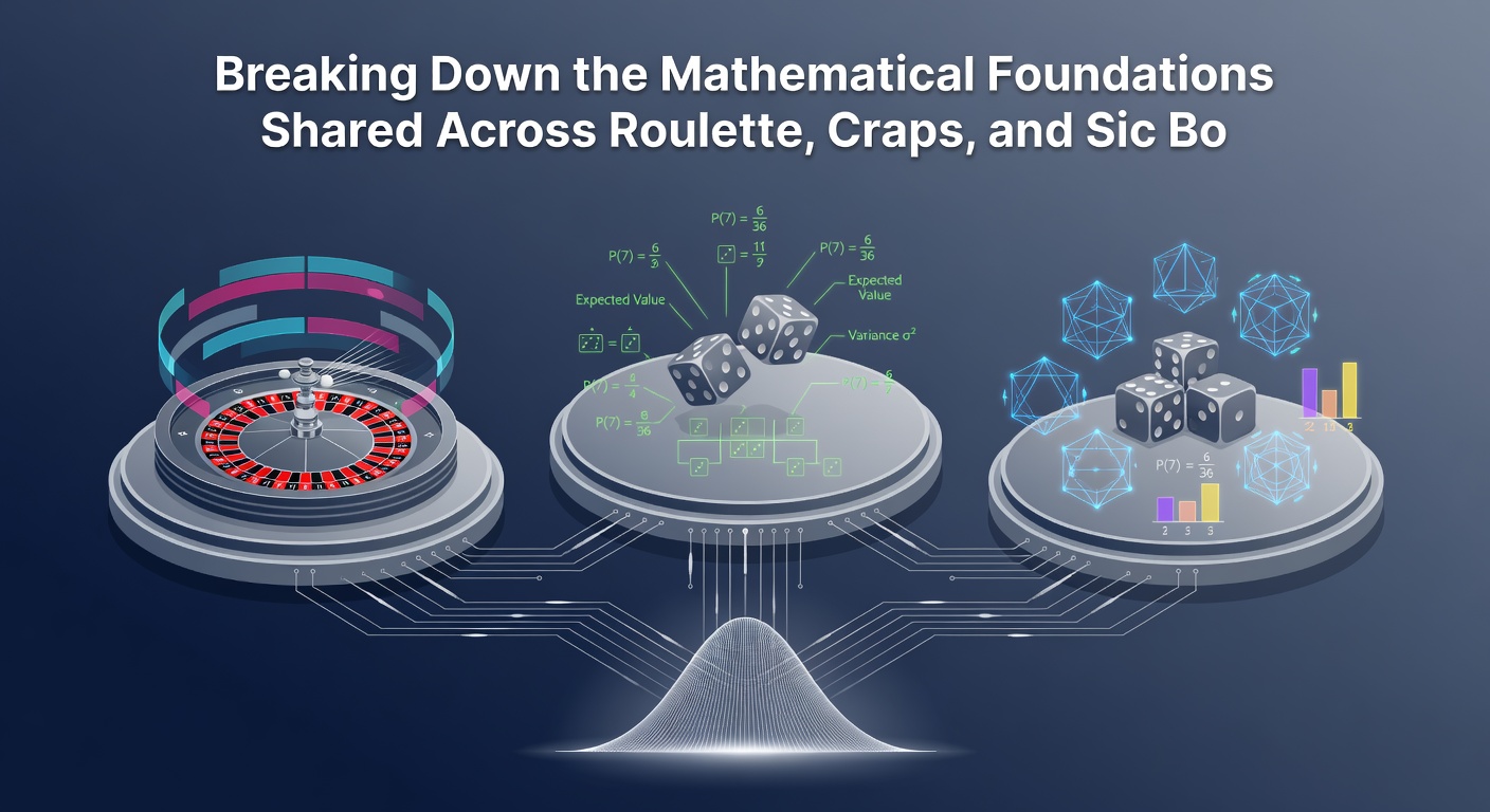Diagram illustrating shared probability models across roulette wheel sections craps dice outcomes and sic bo triple dice combinations