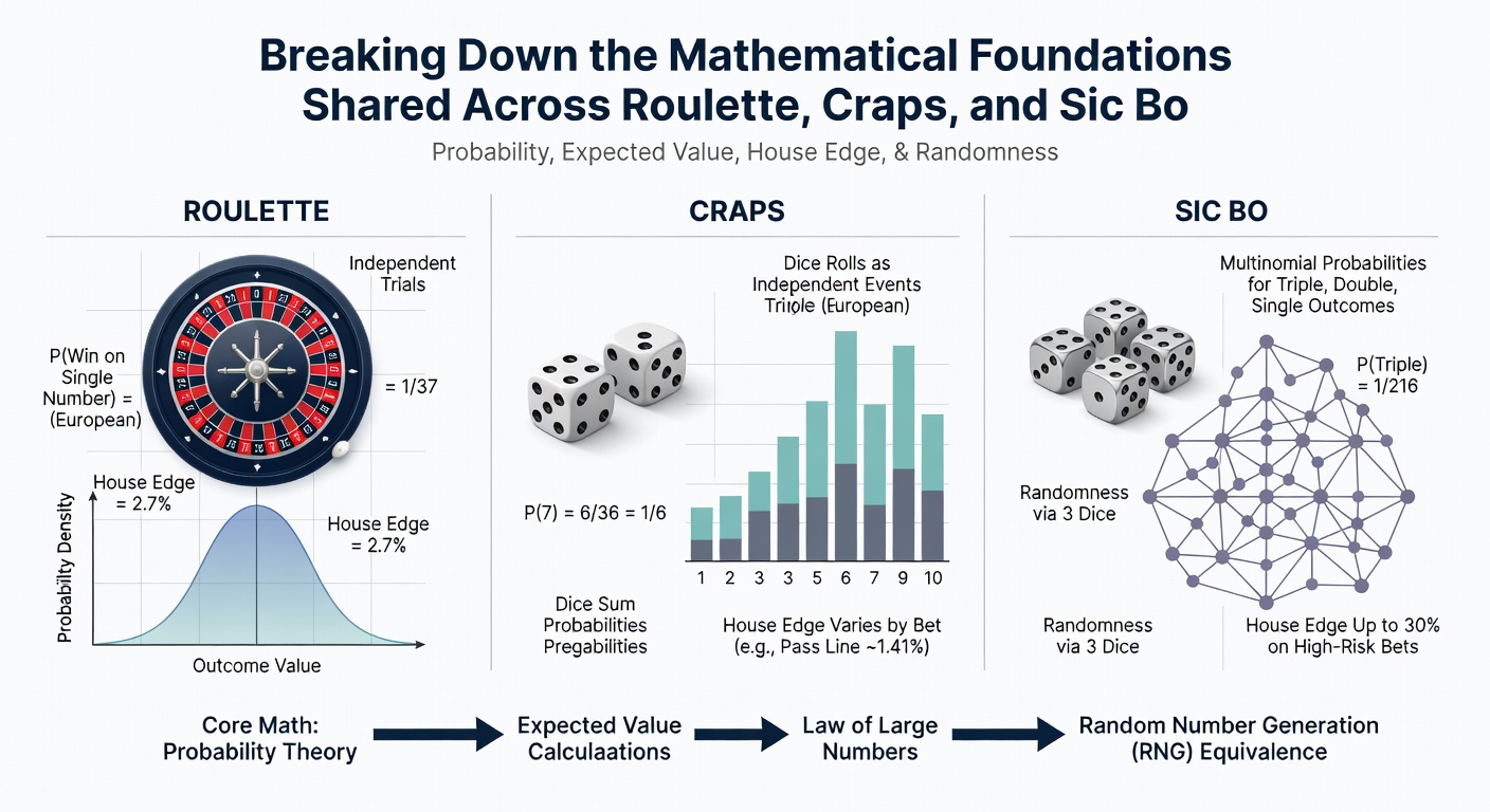 Chart displaying house edge percentages and expected value curves for roulette bets craps wagers and sic bo dice combinations side by side