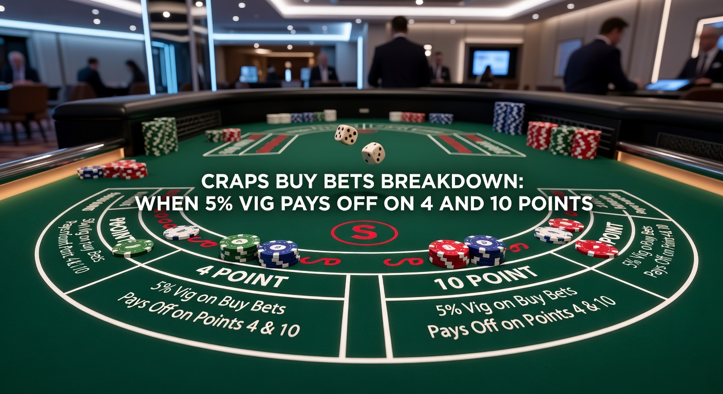 Craps table with buy bet markers on the 4 and 10 points, highlighting the commission box