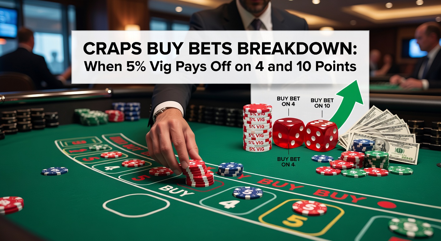 Close-up of dice showing a 4, with buy bet payout chips stacked nearby on a lively craps layout