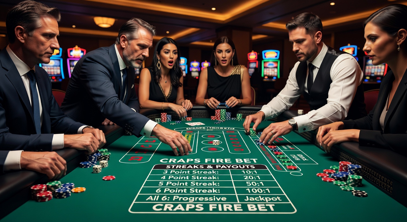 Vibrant craps table with fire bet markers glowing amid excited players and rolling dice