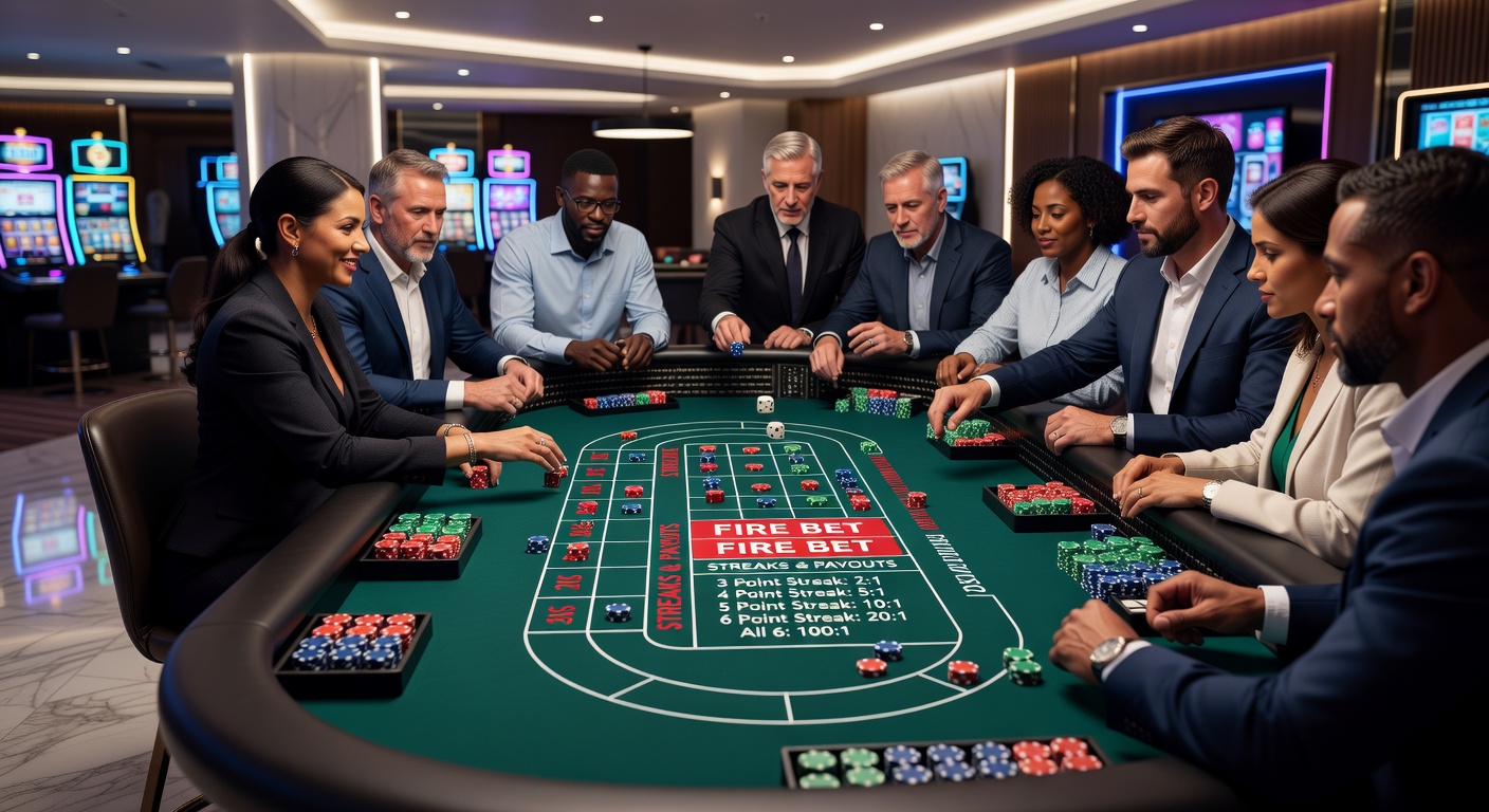 Close-up of fire bet payout chart on a craps layout, showing escalating odds for streak lengths amid scattered chips