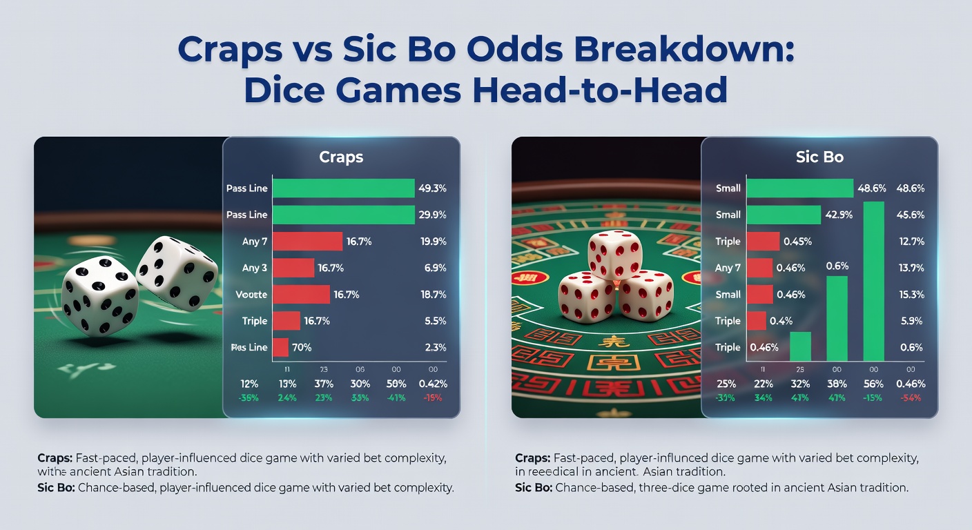 Close-up of Sic Bo table with three dice in a shaker, colorful bet layout showing various payout options