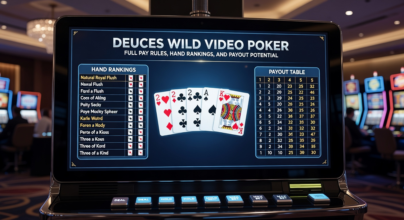 Detailed paytable for full pay Deuces Wild video poker highlighting top payouts like Four Deuces and Wild Royal Flush