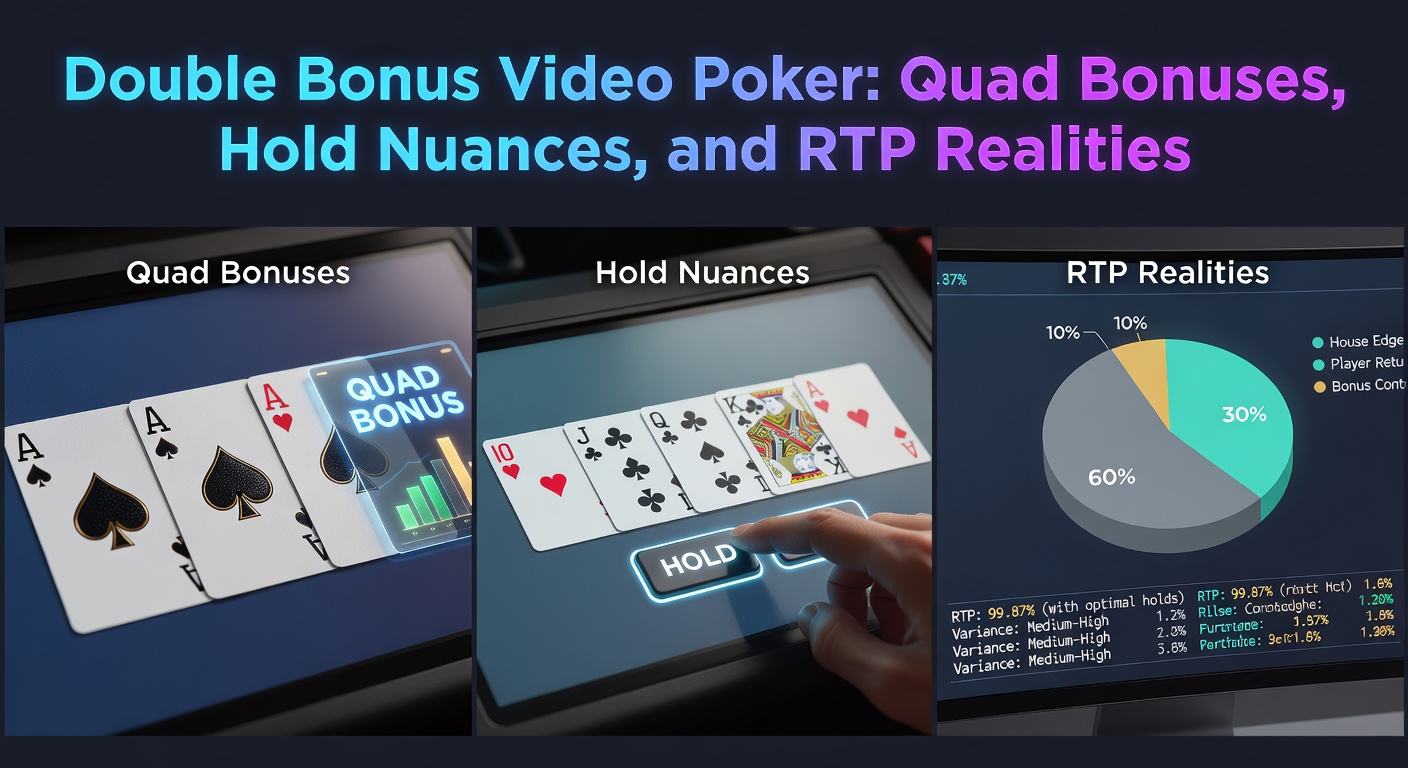 Vibrant video poker machine screen displaying a winning Double Bonus hand with quad aces highlighted