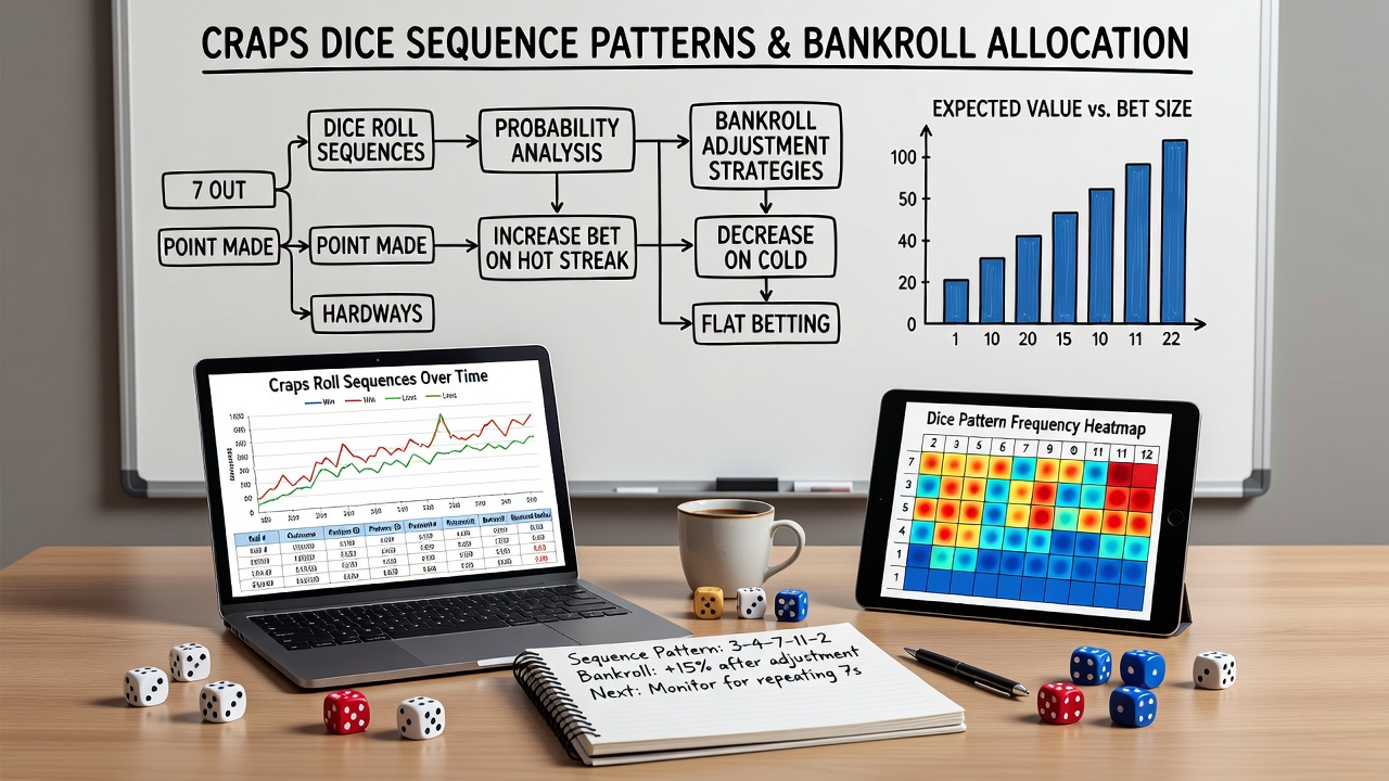 Detailed view of dice rolls recorded on a tracking sheet next to a craps layout