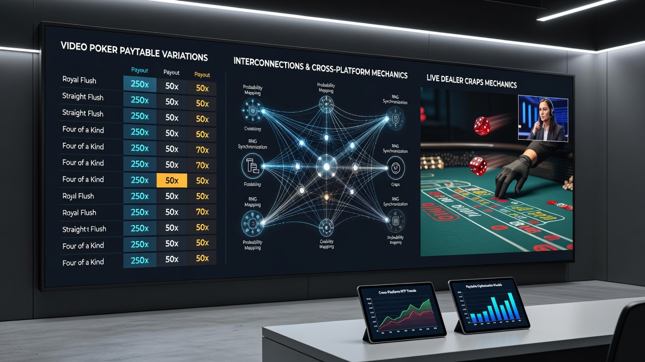 Comparison chart showing video poker paytable variations alongside live dealer craps table layouts on gaming platforms