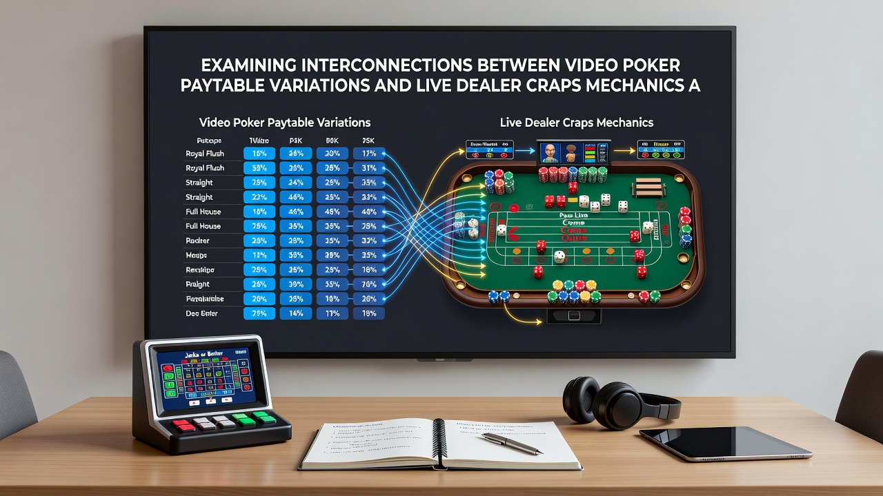Live dealer managing a craps table with video poker terminals visible in the background on a casino floor