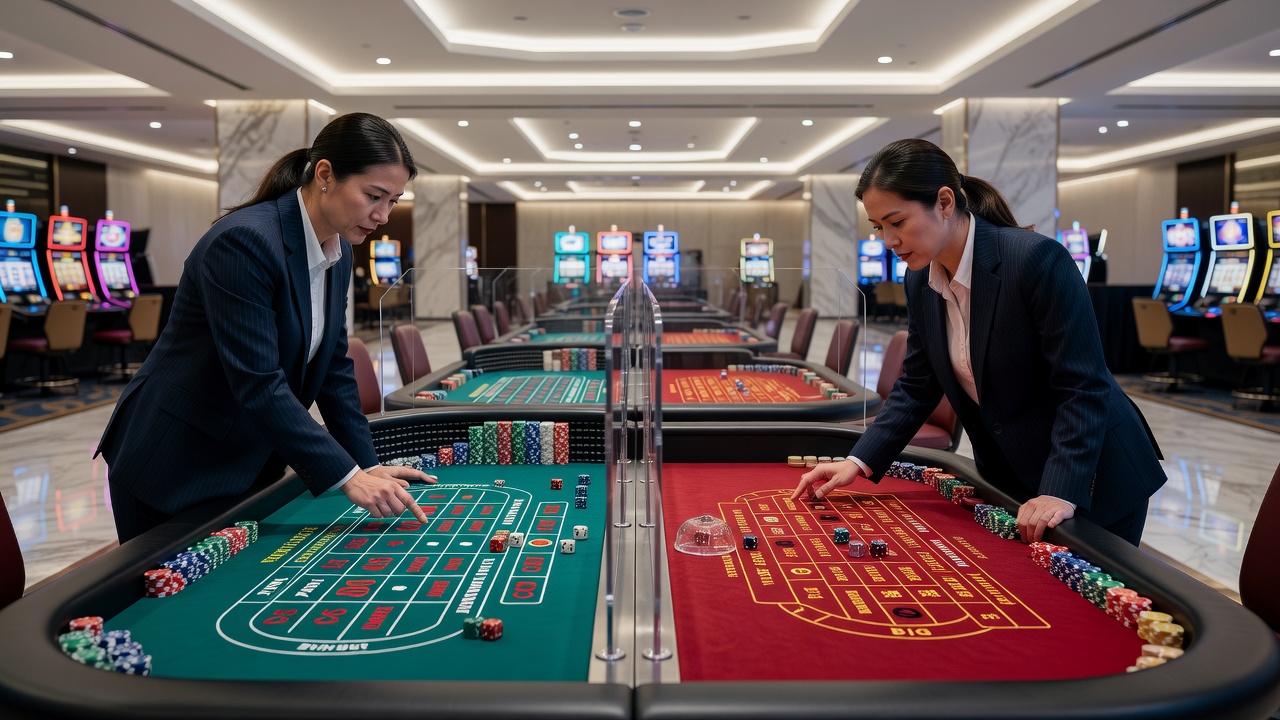Sic Bo table with three dice and various betting options displayed in a regulated casino environment