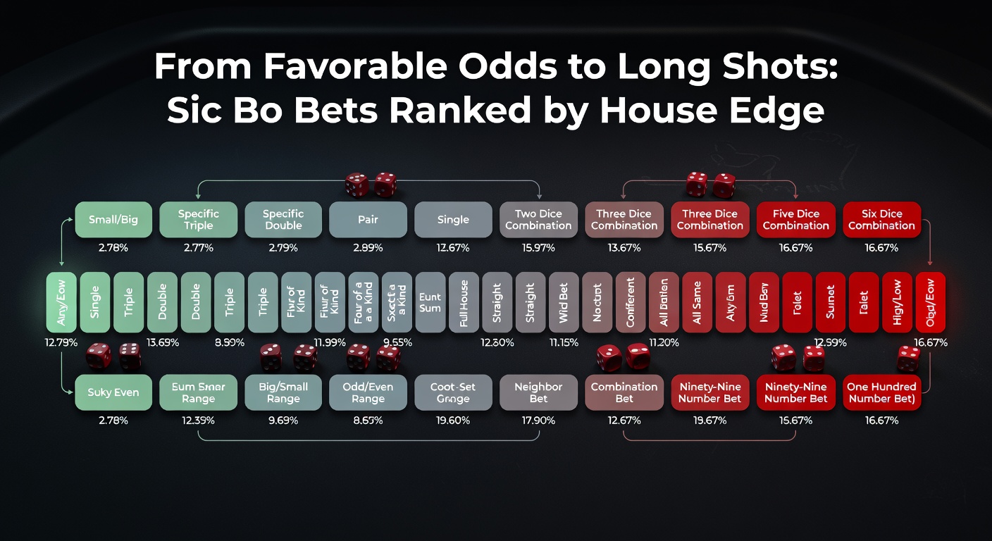 Vibrant Sic Bo table setup with three dice mid-roll, highlighting chips on low-house-edge Big and Small bet areas
