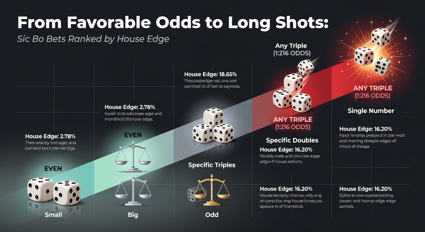Infographic chart ranking Sic Bo bet types from lowest 2.78% house edge on Big/Small to highest 32.87% on specific triples, with colorful bars and dice icons