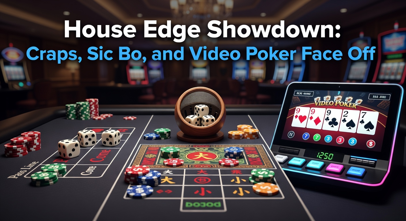 Vibrant craps table action with dice mid-roll, players cheering around the layout under casino lights