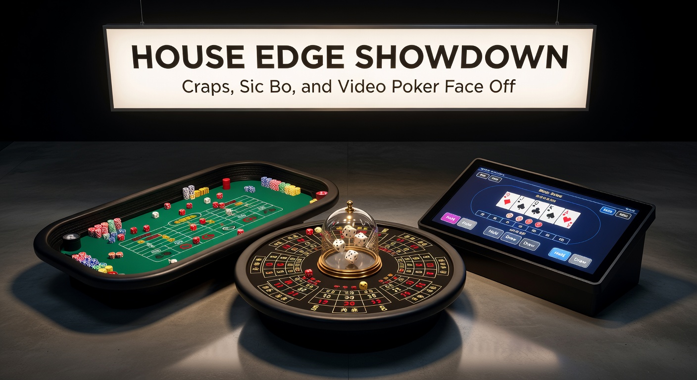 Colorful Sic Bo table with three dice shaking in a basket, surrounded by bet layouts and excited players