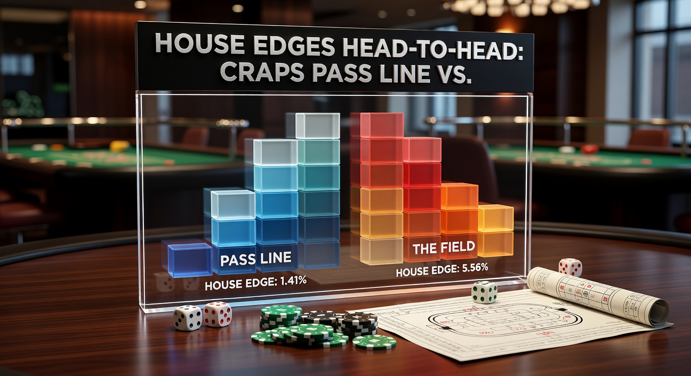 Craps table with Pass Line bet highlighted amid lively casino action, showing dice rolls and player excitement
