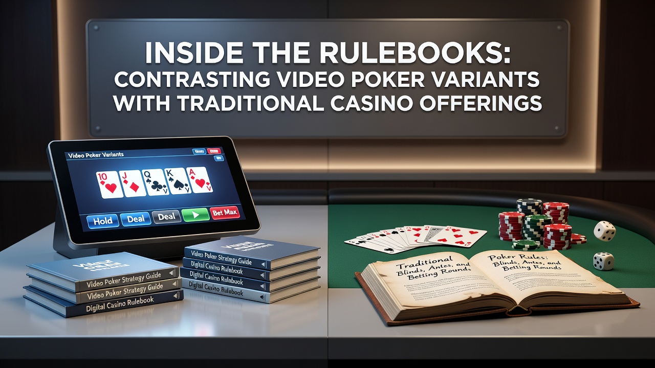 Close-up of video poker screen displaying a dealt hand with hold buttons and paytable visible