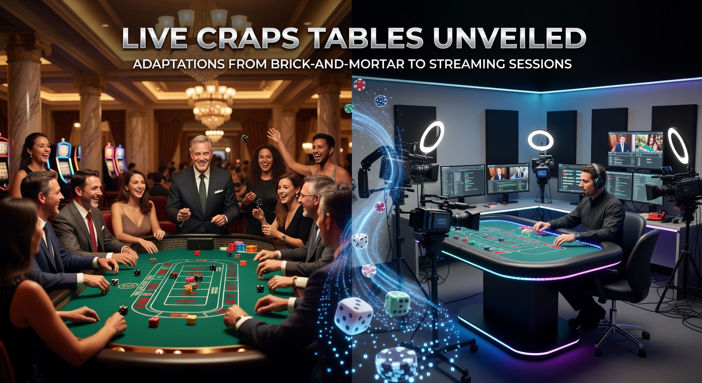 A bustling live craps table in a streaming studio, with dealers handling chips and players betting remotely via screens