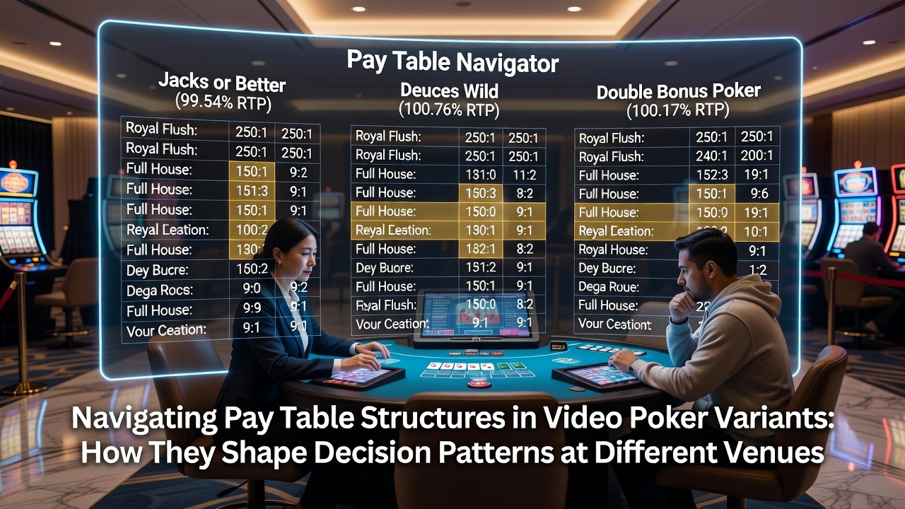 Video poker machines displaying different pay table options at a casino floor