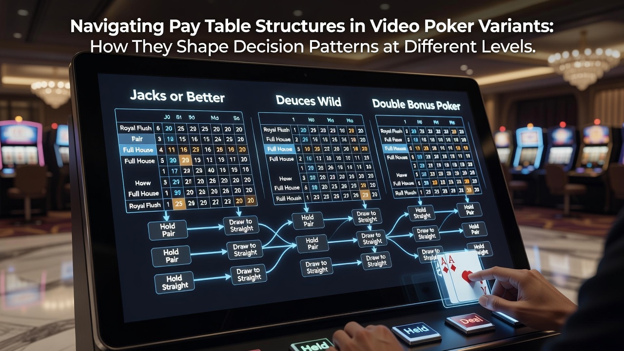 Close-up of a video poker pay table screen showing Jacks or Better and Deuces Wild payout structures