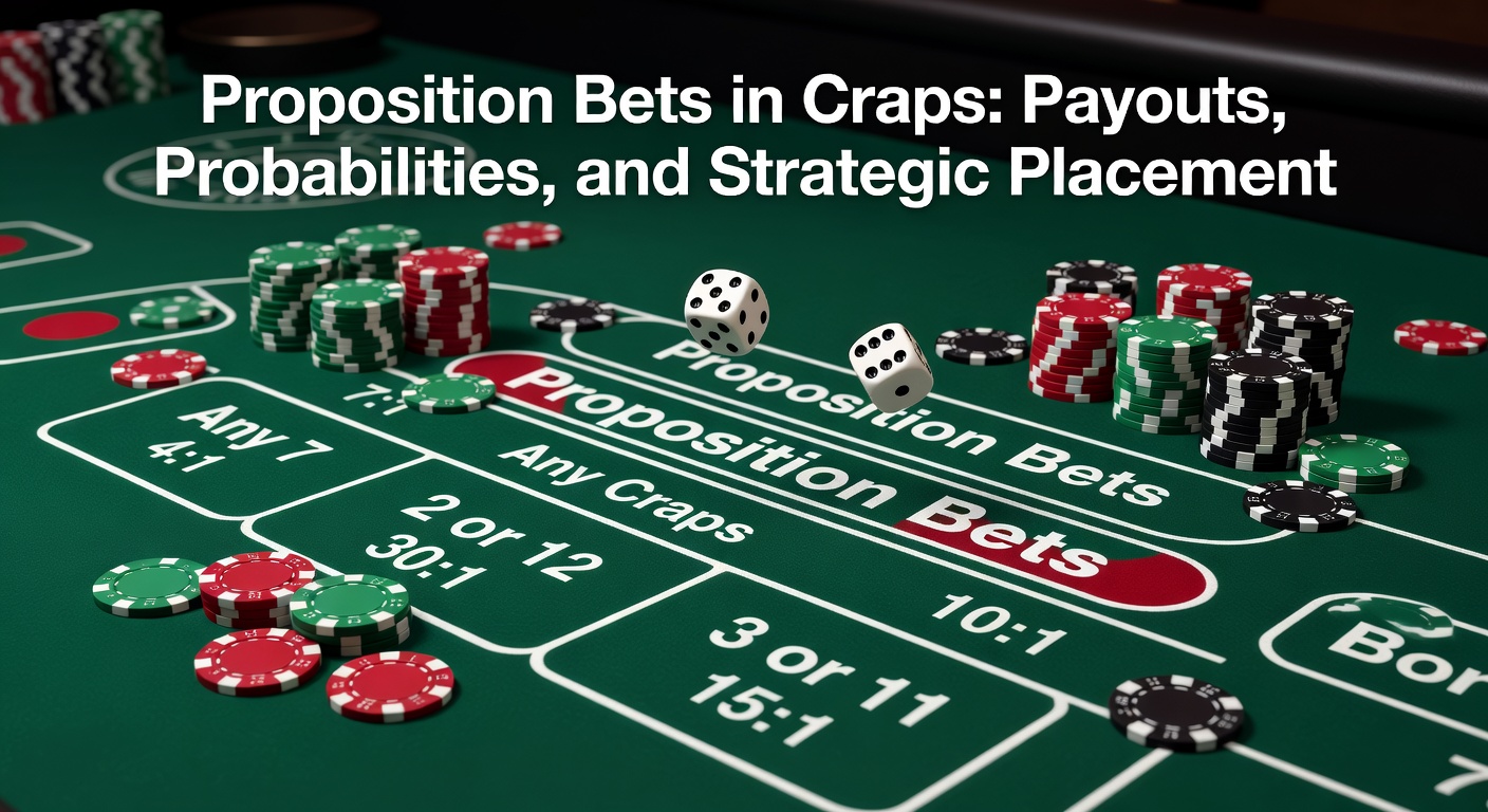 Craps table layout highlighting the proposition bets section in the center, surrounded by chips and dice