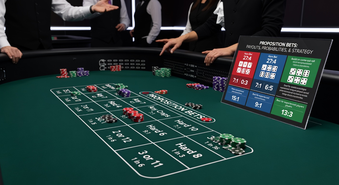 Close-up of dice showing a hard eight (4-4) next to a stack of chips on the hardways prop bet area