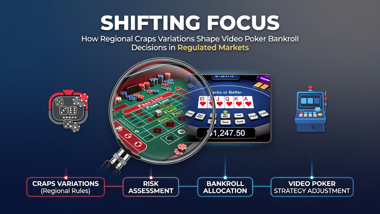 Video poker machine screen displaying paytable options alongside bankroll management indicators in a regulated gaming venue