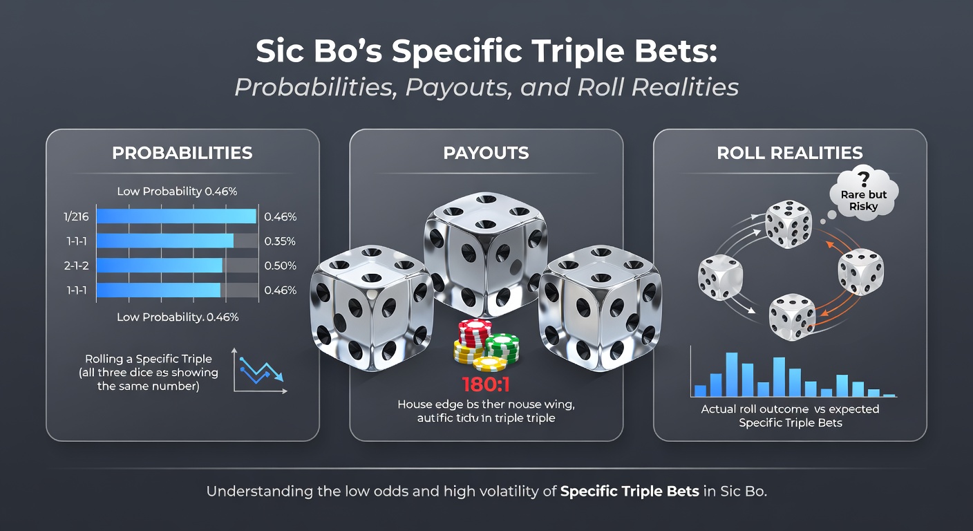 Close-up of three dice showing a specific triple (all 3s) on a Sic Bo table, with payout chips stacked nearby