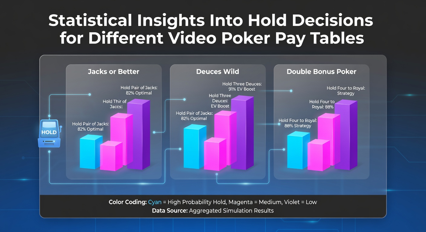 Statistical charts comparing hold decisions across various video poker pay tables including expected value calculations