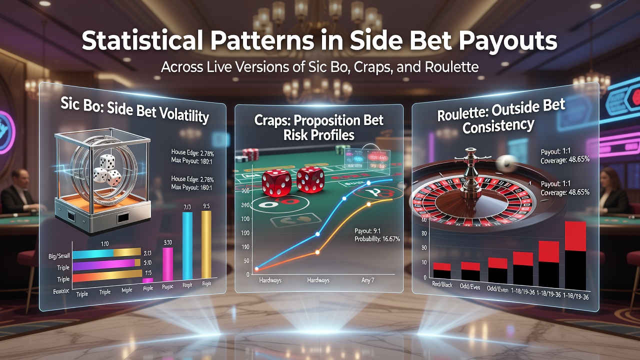 Comparative payout frequency charts for side bets in Sic Bo, Craps, and Roulette live games