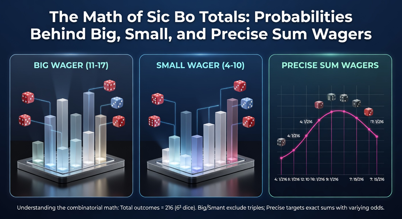 Close-up of a Sic Bo layout focusing on total sum betting areas, with chips placed on specific numbers from 4 to 17