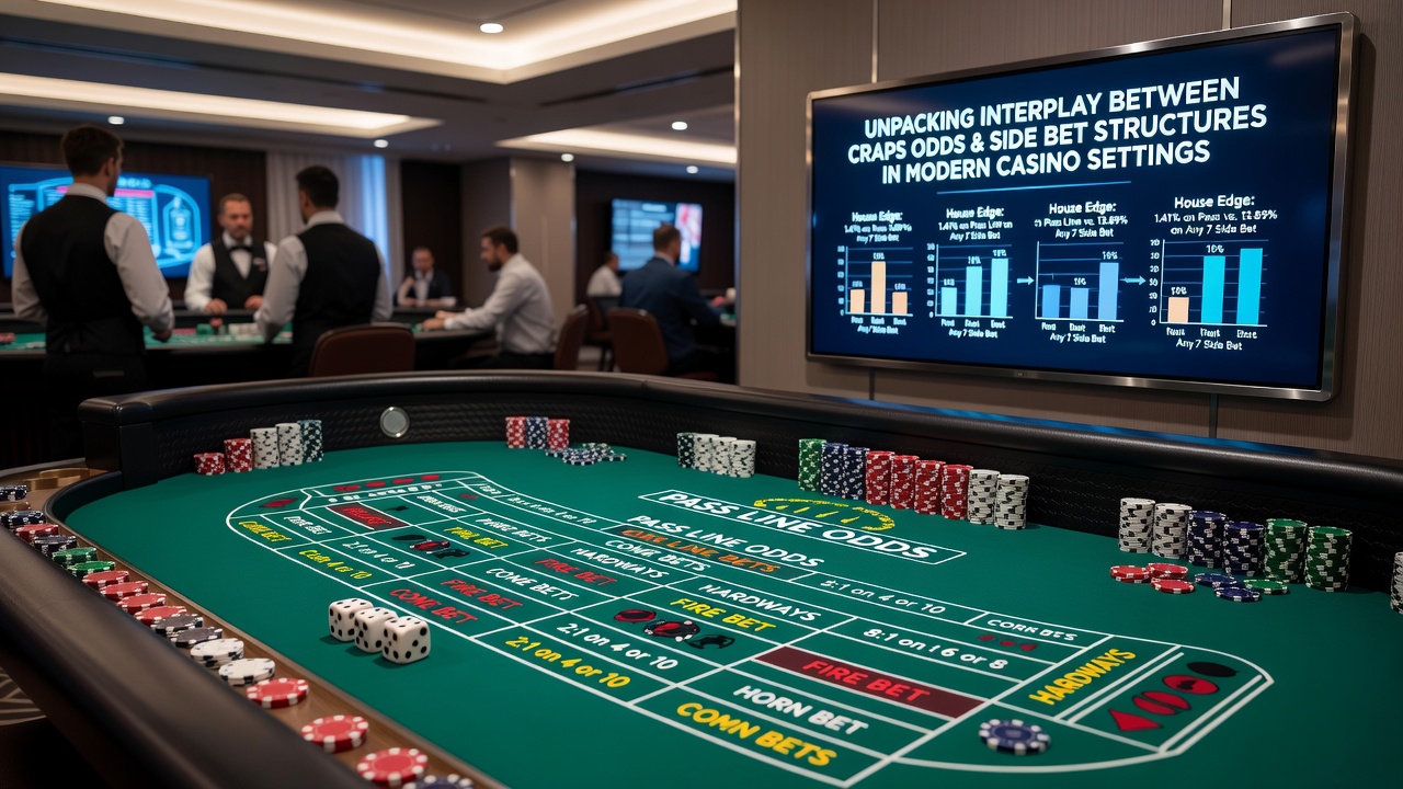 Close-up view of craps side bet payout charts and chip placements on felt